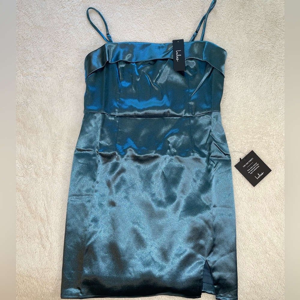 Lulus Dancefloor‎ Drama Slate Blue Satin Bodycon Mini Dress - Picture 2 of 9